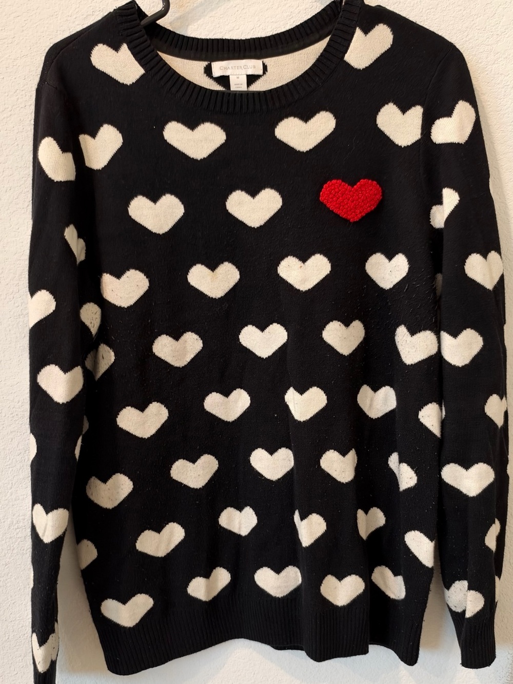 Charter Club Black Sweater with Cream Heart Pattern and Red Heart Accent